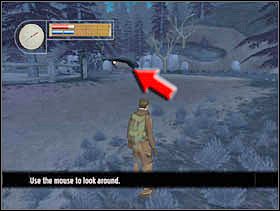 Po przejęciu kontroli nad bohaterem kierujemy się prosto na zwalone drzewo (strzałka) i przechodzimy pod nim. - [Solucja] CRASH SITE cz.1 - II Wojna Światowa: Pilot Down - Na Tyłach Wroga - poradnik do gry