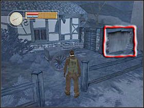 Przy gospodarstwie przyklejamy się do ściany w zaznaczonym miejscu i pukamy w nią. - [Solucja] CRASH SITE cz.1 - II Wojna Światowa: Pilot Down - Na Tyłach Wroga - poradnik do gry