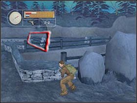 Możemy przejść (kucając) teraz przez most i schować się za zaznaczonymi kłodami. Drugi Niemiec wędrujący po tej okolicy nie słyszał poprzedniego strzału. Więc po ustawieniu się za kłodami spokojnie wychylamy się i strzelamy mu w tył głowy. - [Solucja] CRASH SITE cz.2 - II Wojna Światowa: Pilot Down - Na Tyłach Wroga - poradnik do gry