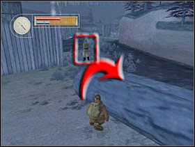 Idziemy do końca kłody. Obserwujemy szeregowca i gdy mija naszą pozycję ruszamy za nim (strzałka)... - [Solucja] LUMBERYARD cz.3 - II Wojna Światowa: Pilot Down - Na Tyłach Wroga - poradnik do gry