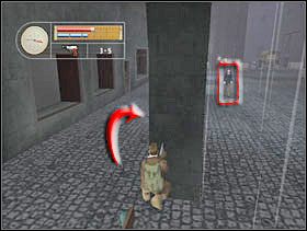 Zatrzymujemy się przy drugim filarze i czekamy aż cywil sobie spokojnie przejdzie. Następnie obchodzimy filar... - [Solucja] GERMAN TOWN cz.5 - II Wojna Światowa: Pilot Down - Na Tyłach Wroga - poradnik do gry