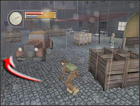 Przechodzimy od skrzyń do samochodu uważając by spacerujący żołnierz nas nie zauważył (możliwe, że siedzący zwróci na nas uwagę ale nie na tyle by wszcząć alarm). - [Solucja] GERMAN TOWN cz.1 - II Wojna Światowa: Pilot Down - Na Tyłach Wroga - poradnik do gry