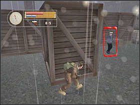 Widzimy jak dwóch Niemców wybiega z chaty. Po cut-scence schodzimy na dół i ruszamy za strażnikiem zmierzającym w lewo od dźwigu. Eliminujemy go gdy tylko znajdzie się za ciężarówką. - [Solucja] DOCKYARD cz.6 - II Wojna Światowa: Pilot Down - Na Tyłach Wroga - poradnik do gry