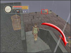 Na dole najpierw zwracamy się w prawo i obchodzimy schody dookoła, zabieramy trzeci sekret, wracamy i z ławeczki (czerwony kwadrat) zabieramy żyłkę i haczyk. - [Solucja] DOCKYARD cz.7 - II Wojna Światowa: Pilot Down - Na Tyłach Wroga - poradnik do gry