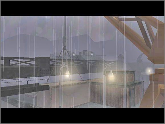 ...i ustawiamy kontener między drewnianym domkiem, a pomostem. Teraz wejście na most stoi dla nas otworem. - [Solucja] DOCKYARD cz.8 - II Wojna Światowa: Pilot Down - Na Tyłach Wroga - poradnik do gry