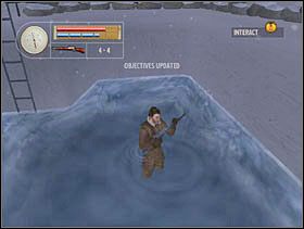 Po ogrzaniu się schodzimy po drabinie do okopu i w okolicy miejsca pokazanego wyżej pojawia się komunikat o czynności do wykonania. Naciskamy przycisk akcji, odczekujemy moment zaciemnienia i drugi raz naciskamy przycisk akcji. - [Solucja] SIEGFRIED LINE cz.6 - II Wojna Światowa: Pilot Down - Na Tyłach Wroga - poradnik do gry