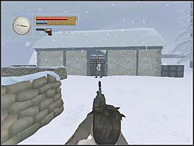 Zatrzymujemy się przy wale z worków z piaskiem, wyciągamy naszą broń z tłumikiem i likwidujemy strażnika chodzącego przy drzwiach domku. - [Solucja] WILDERNESS cz.4 - II Wojna Światowa: Pilot Down - Na Tyłach Wroga - poradnik do gry