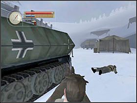 Wchodzimy między ciężarówki i wyciągamy pistolet. Celujemy mniej więcej na wysokość głowy strażnika (chociaż jak nas zobaczy to i tak prawdopodobnie kucnie). - [Solucja] OCCUPIED FORT cz.2 - II Wojna Światowa: Pilot Down - Na Tyłach Wroga - poradnik do gry