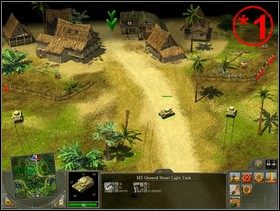 Następnie ściągnij jeśli chcesz ckmy z wioski i ustaw je na wzgórzu zabezpieczając zdobyte pozycje a sam ruszaj ze swoimi czołgami w dalszą drogę w kierunku celu misji - japońskiego sztabu ulokowanego w wiosce na drugim końcu mapy (*1 ) - Rozdział 1 - Misja The Pundak Salient - Blitzkrieg 2 - poradnik do gry