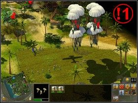 Wycofaj również swoje dwa czołgi (o ile je jeszcze masz) przed punkt *2 a za pole, które widzisz na obrazku z lądującymi japońskimi spadochroniarzami - Rozdział 1 - Misja The Battle of Bataan - Blitzkrieg 2 - poradnik do gry