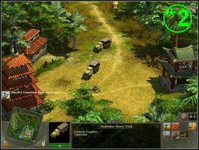 Zatrzymaj grę na moment (Spacja) i pierwszemu pojazdowi (czołgowi) wydaj komendę agresywnego ruchu (klawisz E) i wyznacz punkty trasy (klikając lewym przyciskiem myszy i trzymając wciśnięty Shift) na drodze prowadzącej z bazy (*1 ) do świątyń w punkcie *2 - Rozdział 2 - Misja Cornered Rat - Blitzkrieg 2 - poradnik do gry