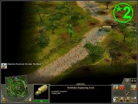 W czasie trwającej dłuższą chwilę walki na drodze koło lokacji ^1 pojawi się ciężarówka saperów - skieruj ją do punktu *2 w celu rozminowania tamtejszej drogi - Rozdział 4 - Misja The King of the Hill - Blitzkrieg 2 - poradnik do gry