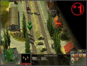 Stojące tam dwa Humbery i okopany lekki czołg najlepiej i najszybciej (szczególnie tego okopanego) wykończyć z boku (jak pokazuje zielona strzałka ) - Rozdział 1 - Misja A Gentlemans Wager - Blitzkrieg 2 - poradnik do gry