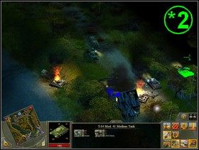 Po dotarciu do *1 otrzymasz nowe zadanie - naprawić uszkodzone czołgi stojące nieopodal (użyj ciężarówek Saperów oraz amunicyjnych bo z amunicją też te puszki chyba mają krucho) i odeprzeć atak wroga na to miejsce (*2 ) - Rozdział 3 - Misja Angry Nursemaid - Blitzkrieg 2 - poradnik do gry