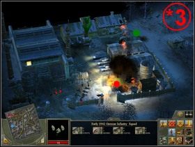 Kiedy w końcu dojdziesz (doczołgasz się) do obiektu, który masz teraz wysadzić (*3 ) najpierw załóż ładunek wybuchowy koło muru otaczającego cel (miejsce oznaczyłem zieloną kropką na mapie i na stosownej fotce) - Rozdział 3 - Misja Covert Action - Blitzkrieg 2 - poradnik do gry