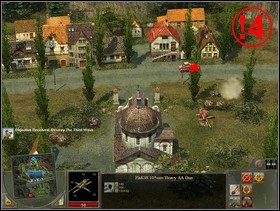 Kiedy zniszczysz dwie pierwsze fale uciekających przez punkty *1 i *2 Niemców zaczną oni pryskać (dwie następne fale) z prawej na lewo ale tym razem drogą z punktów *3 i *4 przez miasteczko - Rozdział 4 - Misja Pigeon Shoot - Blitzkrieg 2 - poradnik do gry