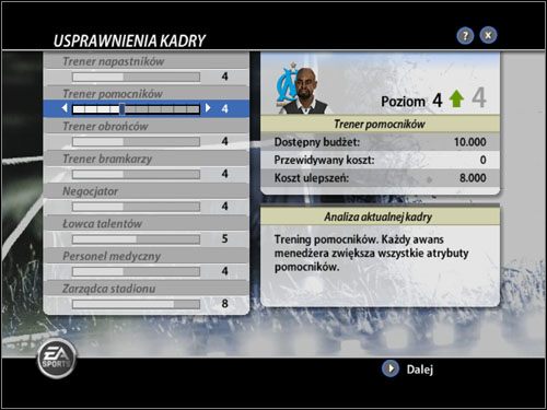 W pracy klubowej pomaga nam osiem osób: trener napastników, trener pomocników, trener obrońców, trener bramkarzy, negocjator, łowca talentów, personel medyczny, zarządca stadionu - Sztab szkoleniowy | Tryb menedżerski FIFA 06 - FIFA 06 - poradnik do gry