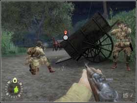 Podejdź więc do drogi którą przed chwilą przebiegł spłoszony koń, obróć się w prawo i razem z kompanami biegnij pochylony (trzymając się prawego skraju traktu) do najbliższego wozu. Każ swoim ludziom przydusić zza niego ogniem Niemców kryjących się za następnym wozem. Podpułkownik Cole ze swoimi żołnierzami powinien pomóc Ci ich zlikwidować zza płotków po prawej. Sam też strzelaj do Niemiaszków, którzy się nieopatrznie wychylą zza osłony. - [Solucja] Rozdział 1 Roses all the way cz.2 - Brothers in Arms: Earned in Blood - poradnik do gry