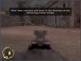 Sam obróć się w prawo i szybciutko zajmij stanowisko przy karabinie maszynowym MG42 stojącym przed świątynią. Zastrzel z niego Fryców pchających Ci się wprost pod lufę. Pamiętaj, że tym razem żółta strzałka na kompasie pokazuje kierunek, z którego aktualnie atakują Szkopy. - [Solucja] Rozdział 2 Action at St. Martin cz.3 - Brothers in Arms: Earned in Blood - poradnik do gry