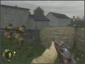 Korzystając z osłony jaką Ci daje sekcja wsparcia przebiegnij ulicę razem z żołnierzami z sekcji szturmowej. Ustaw ich za ogrodzeniem przy drodze, każ przydusić do ziemi Niemców naprzeciwko nich a sam zajdż tych ostatnich z prawej i zastrzel. - [Solucja] Rozdział 3 Three Patrol Action cz.1 - Brothers in Arms: Earned in Blood - poradnik do gry