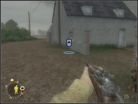 Przebiegnij ze wszystkimi swoimi ludźmi prosto przez skrzyżowanie dróg za Bakerem, uważaj na dwie sekcje Niemców na drodze po prawej ale nie wdawaj się z nimi w wymianę ognia. Ustaw sekcję wsparcia za murkiem (jak na obrazku) i każ jej strzelać do hitlerowców na prawo (niewidoczni na screenie). ATy razem ze szturmanami ruszaj dalej, prosto a zaraz za budynkiem skręć w prawo. - [Solucja] Rozdział 3 Three Patrol Action cz.2 - Brothers in Arms: Earned in Blood - poradnik do gry