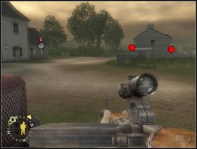 ... załatw najpierw tych ostrzeliwanych przez kolegów (po lewej) a potem podejdź trochę do przodu i ostrzelaj obsadę armaty p-panc na wprost. Uciekną na prawo, wtedy zawołaj do siebie chłopaków (powinni biec tą samą trasą co Ty). Kropka skrajnie po prawej to armata p-lot. - [Solucja] Rozdział 11 Run of the Mill cz.2 - Brothers in Arms: Earned in Blood - poradnik do gry