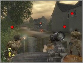Przed zakrętem w prawo zatrzymaj czołg a razem z kolegami biegnij za beczki po lewej stronie drogi. Zobaczysz następujące cele - po lewej stronie drogi armata p-panc. Jeśli masz Panzerfausta (ja miałem) to ją nim rozwal. Na wprost - dwóch Niemiaszków a po prawej (zasłonięci przez budynek) - MG42 (poniżej) i snajper na dachu nad ckmem. Po zniszczeniu Panzerfaustem armaty możesz podciągnąć bliżej czołg. Powinien zabić Fryców na wprost za workami z piaskiem jeżeli masz z nimi kłopoty. - [Solucja] Rozdział 11 Run of the Mill cz.3 - Brothers in Arms: Earned in Blood - poradnik do gry