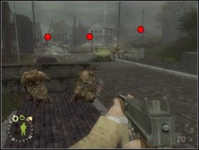 Ustaw ludzi za pierwszymi przeszkodami, które zobaczysz na ulicy. Sekcję wsparcia po prawej stronie i trochę z przodu, przy samochodzie. Sekcję szturmową postaw na razie za skrzyniami po lewej stronie drogi. Cele jakie zobaczysz to dwie sekcje niemieckiej piechoty (potem pojawi się trzecia) i ufortyfikowane stanowisko ckmu MG42 (czerwona kropka po prawej). - [Solucja] Rozdział 12 The All Americans Part 1 cz.1 - Brothers in Arms: Earned in Blood - poradnik do gry