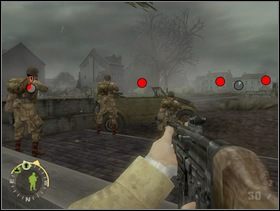 Ponownie wyjdziesz na drogę. Szybko schowaj się za przeszkodę po lewej stronie i piorunem zastrzel celowniczego km, który porzucił stanowisko oraz pobliskich Niemców jeśli jacyś jeszcze są z nim (kropka skrajnie na lewo). Możesz załatwić ich granatem jeśli wskoczą do pobliskiego leju. Rzuć okiem na pozostałe przyszłe cele jakie stąd zobaczysz - przede wszystkim kolejny czołg Pz IV Ausf G (czerwona kropka skrajnie po prawej) i następne stanowisko MG42 (kropka druga od prawej). Zaraz potem pryskaj stąd (najbezpieczniej tą samą trasą, którą przyszłeś) bo atak tędy raczej skończyłby się masakrą Twoich żołnierzy. - [Solucja] Rozdział 12 The All Americans Part 1 cz.3 - Brothers in Arms: Earned in Blood - poradnik do gry