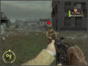 Posuwaj się dalej korzystając z osłon terenowych (stert gruzu, murków, ruin). Zabij celowniczego ckmu, którego będziesz miał po prawej ręce. Pewnie z prawej będą też inne Szkopy - postaraj się ich wystrzelać. Pamiętaj, że możesz też używać granatów. Unikaj na razie czołgu i uważaj aby Twoi głupi towarzysze również mu nie wchodzili pod lufę. - [Solucja] Rozdział 12 The All Americans Part 1 cz.3 - Brothers in Arms: Earned in Blood - poradnik do gry