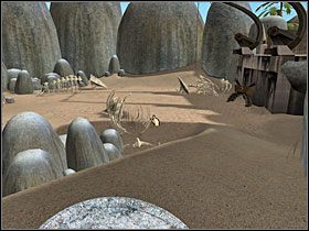 Na jednej z wielkich skał po lewej, w miejscu gdzie krzykliwie obwieszczał swoją obecność dziwny stwór, znalazłem pierwszy znak Bahro - 36 LAKIAHN cz.1 | Myst V Koniec Wieków - Myst V: Koniec Wieków - poradnik do gry