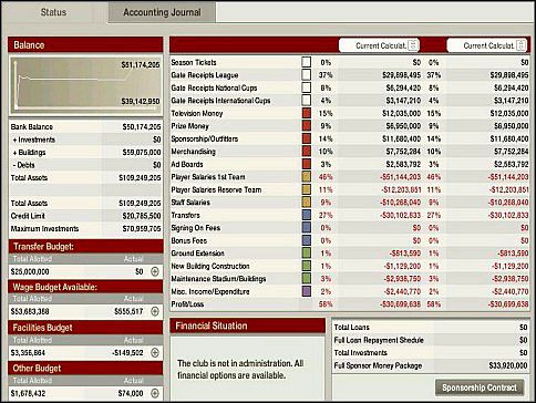 Gra wymaga od nas minimalnej dbałości o finanse:) Wszystko dzięki dziennikowi wydatków (Accouting Journal), który informuje nas o wszystkich dotychczasowych kosztach poniesionych przez nasz klub - Finanse | Początki | FIFA Manager 06 - FIFA Manager 06 - poradnik do gry