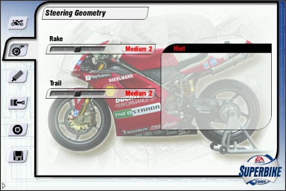 W pierwszej zakładce masz okazję zmodyfikować system sterowania swojego motocyklu - Geometria układu sterującego | Trening Superbike 2001 - Superbike 2001 - poradnik do gry