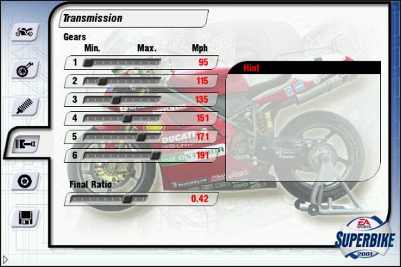 W tym miejscu regulujesz parametry skrzyni biegów - Skrzynia biegów | Trening Superbike 2001 - Superbike 2001 - poradnik do gry