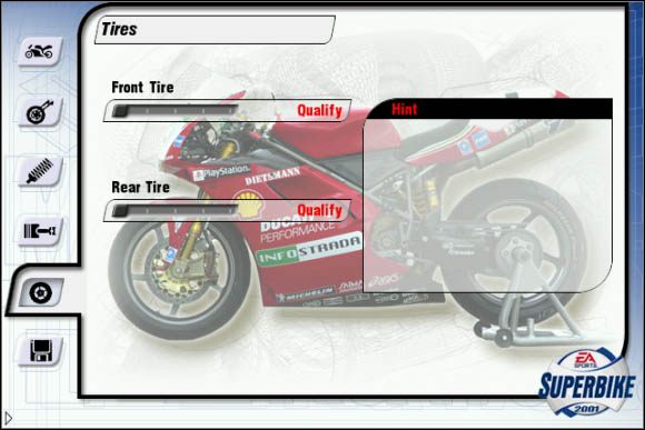 Tutaj określasz w jakie opony chcesz wyposażyć swój motocykl - Opony | Trening Superbike 2001 - Superbike 2001 - poradnik do gry