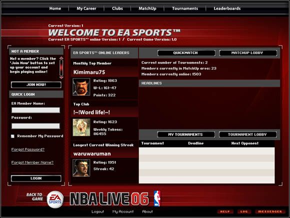 Ekran główny portalu EA Sports Online dla graczy NBA Live 06 - Play Online | Game Modes NBA Live 06 - NBA Live 06 - poradnik do gry