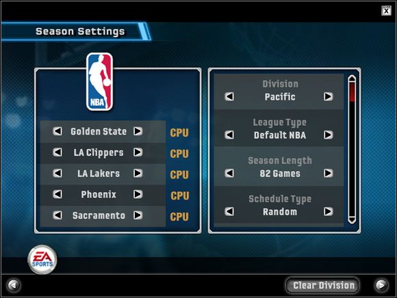 Ekran konfiguracji nowego sezonu - Season | Game Modes NBA Live 06 - NBA Live 06 - poradnik do gry