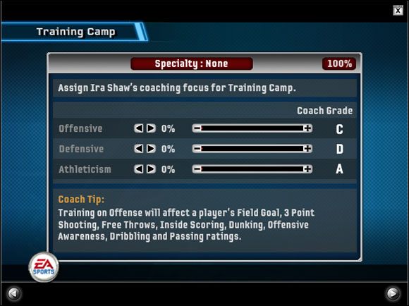 Mamy tutaj do wyboru elementy, które chcemy trenować podczas tego obozu - Dynasty Mode - Pre-Season | Game Modes NBA Live 06 - NBA Live 06 - poradnik do gry