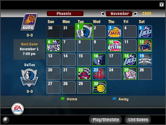 Ma on formę kalendarza miesięcznego, gdzie za pomocą strzałek przesuwa się pomiędzy miesiącami - Dynasty Mode - Schedule | Game Modes NBA Live 06 - NBA Live 06 - poradnik do gry