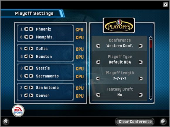 Po wybraniu tej opcji naszym oczom ukazuje się ekran Playoff Settings, który jest bardzo podobny do ekranu ustawień sezonu, z tą różnicą, że z lewej strony ekranu nie ustawiamy składu dywizji, tylko drabinkę 16 najlepszych zespołów obu konferencji - Playoffs | Game Modes NBA Live 06 - NBA Live 06 - poradnik do gry