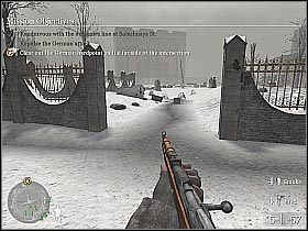 Osobiście radziłbym skryć się za jednym z lewych murków i zacząć strzelać do ukrywających się w okopach Nazistów (screen 1) - Demolition (3) | The Winter War | Misja Call of Duty 2 - Call of Duty 2 - poradnik do gry