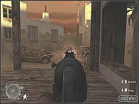 Wybierz znajdujące się kawałek dalej wąskie przejście - Armored Car Escape (3) | Rommels Last Stand | Misja Call of Duty 2 - Call of Duty 2 - poradnik do gry