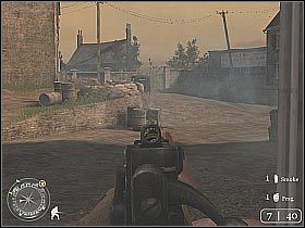 Kawałek dalej (dokładnie po prawej) znajduje się kolejne stanowisko maszynowe - Prisoners of War (3) | The Battle for Caen | Misja Call of Duty 2 - Call of Duty 2 - poradnik do gry