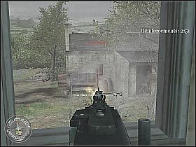 Uważaj, gdyż pojedynczym gostkom może udać się przedostać do środka (screen 1) - The Brigade Box (4) | The Battle for Caen | Misja Call of Duty 2 - Call of Duty 2 - poradnik do gry