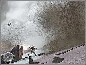 Po kilku chwilach do sterowanej przez Ciebie postaci podbiegnie sojuszniczy żołnierz (screen 1) - The Battle of Pointe du Hoc (1) | D-Day | Misja Call of Duty 2 - Call of Duty 2 - poradnik do gry