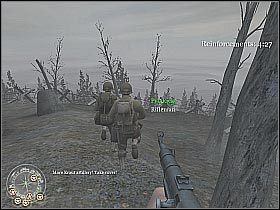 Po zakończonym nalocie wróć się do chronionego bunkra i kontynuuj ostrzał wrogich sił (screen 1) - The Battle for Hill 400 (2) | Hill 400 | Misja Call of Duty 2 - Call of Duty 2 - poradnik do gry