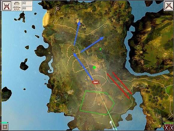 Wstępna rozbudowa niczym się prawie nie różni, ale tym razem mury (czerwone kreski) będą niezwykle przydatne, dlatego też wznieś je możliwie szybko - WYSPA SZÓSTA - gameplay | Black & White 2 - Black & White 2 - poradnik do gry