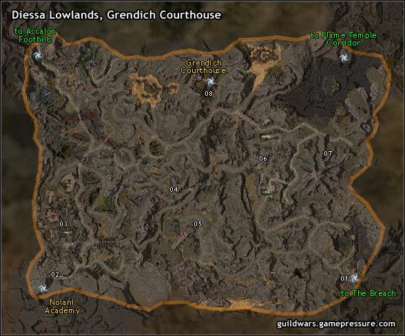 NOTE: Nie wchodź na tą mapę dopóki nie uzyskasz dostępu do Nolani Academy i nie będziesz mógł skorzystać z henchmanów na 8 poziomie lub z grupą graczy powyżej poziomu 10 - Diessa Lowlands, Grendich Courthouse | Ascalon | Guild Wars Prophecies - Guild Wars: Prophecies - poradnik do gry