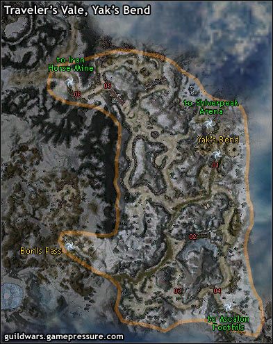 Nazwane tak z powodu licznych stad jaków przemieszczających się przez te tereny, Yaks Bend jest ostatnim przyczółkiem dla podróżników wyruszających na niedostępne ścieżki Shiverpeak - Travelers Vale, Yaks Bend | Northern Shiverpeaks | Guild Wars Prophecies - Guild Wars: Prophecies - poradnik do gry