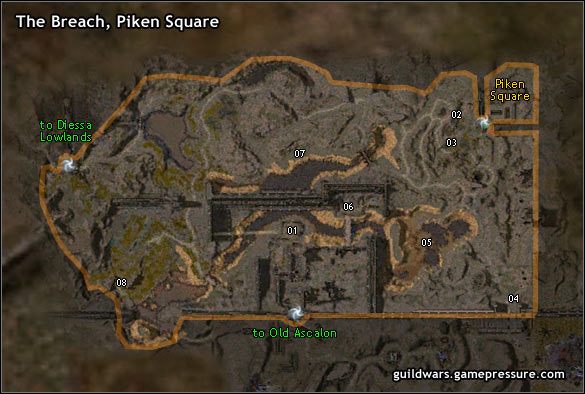 Dawno temu Piken Square było prężnym miejscem targowym, gdzie farmerzy i kupcy przybywali wystawiać swoje towary - The Breach, Piken Square | Ascalon | Guild Wars Prophecies - Guild Wars: Prophecies - poradnik do gry